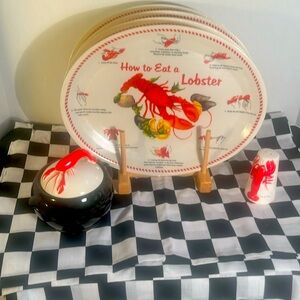 6 piece Lobster Fest. 4 oval plates How To Eat A Lobster with bright red lobster